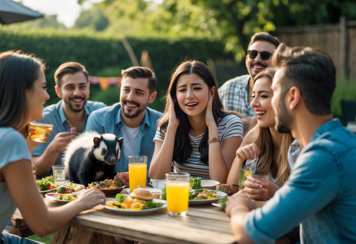 A group of friends outdoors at a picnic, one person looking disappointed while others react playfully.