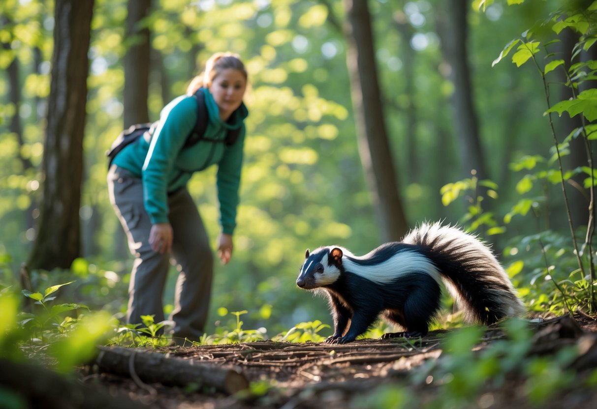 A skunk cautiously approaches a person standing calmly in a forest clearing.