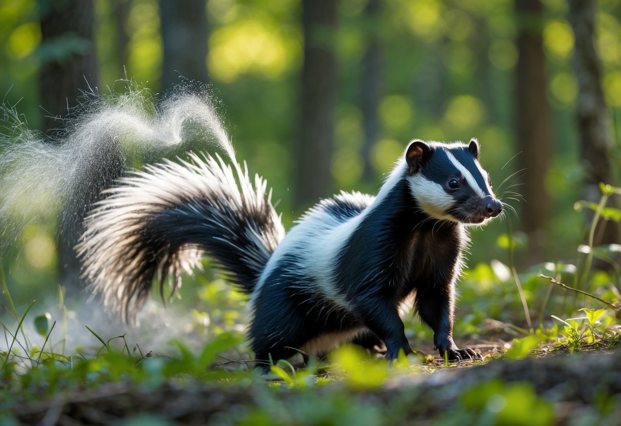 A skunk in a forest raising its tail and spraying a mist as a defensive action.