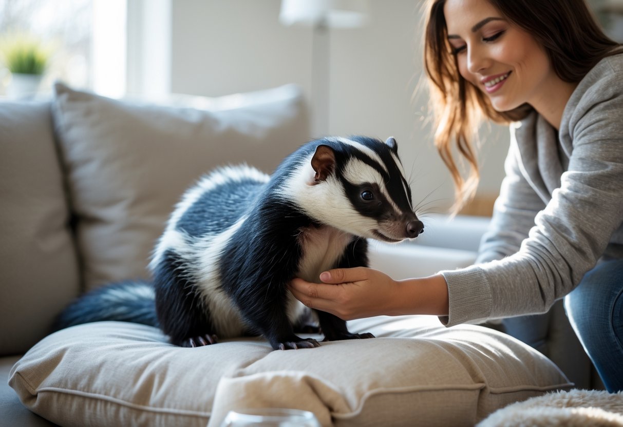 A skunk sitting on a cushion in a living room being gently petted by a person.