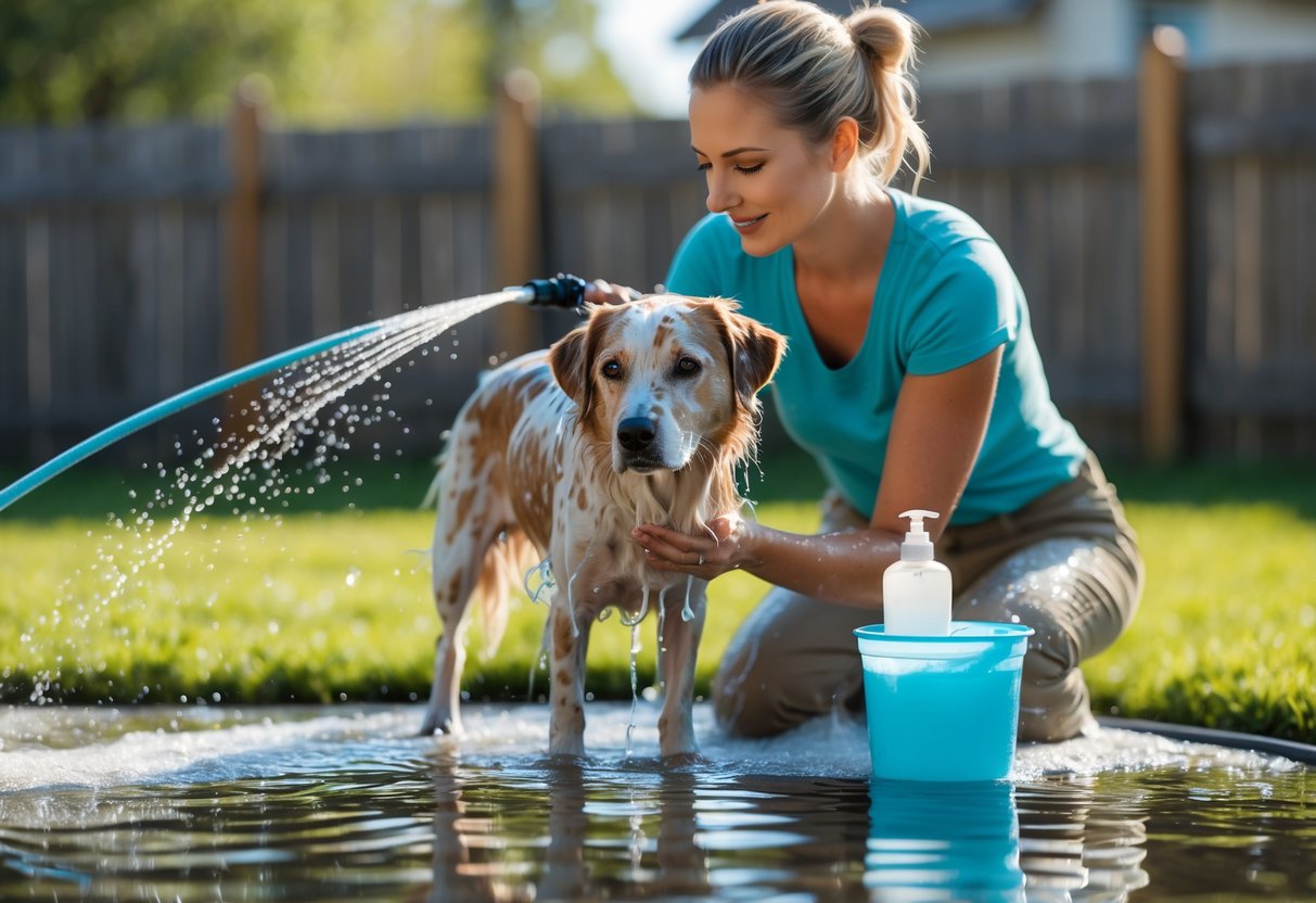 A woman washing her dog with soap outdoors in a sunny backyard.