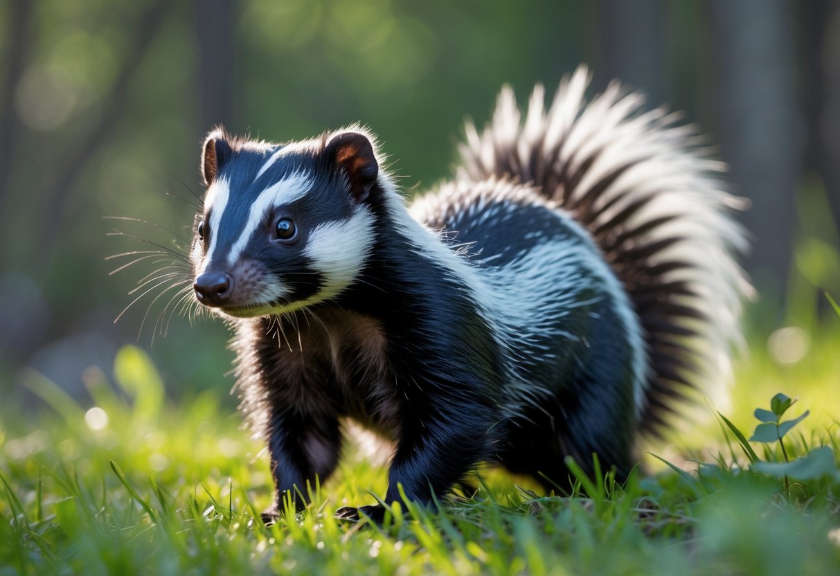 A skunk standing on grass in a natural outdoor setting with forest foliage in the background.