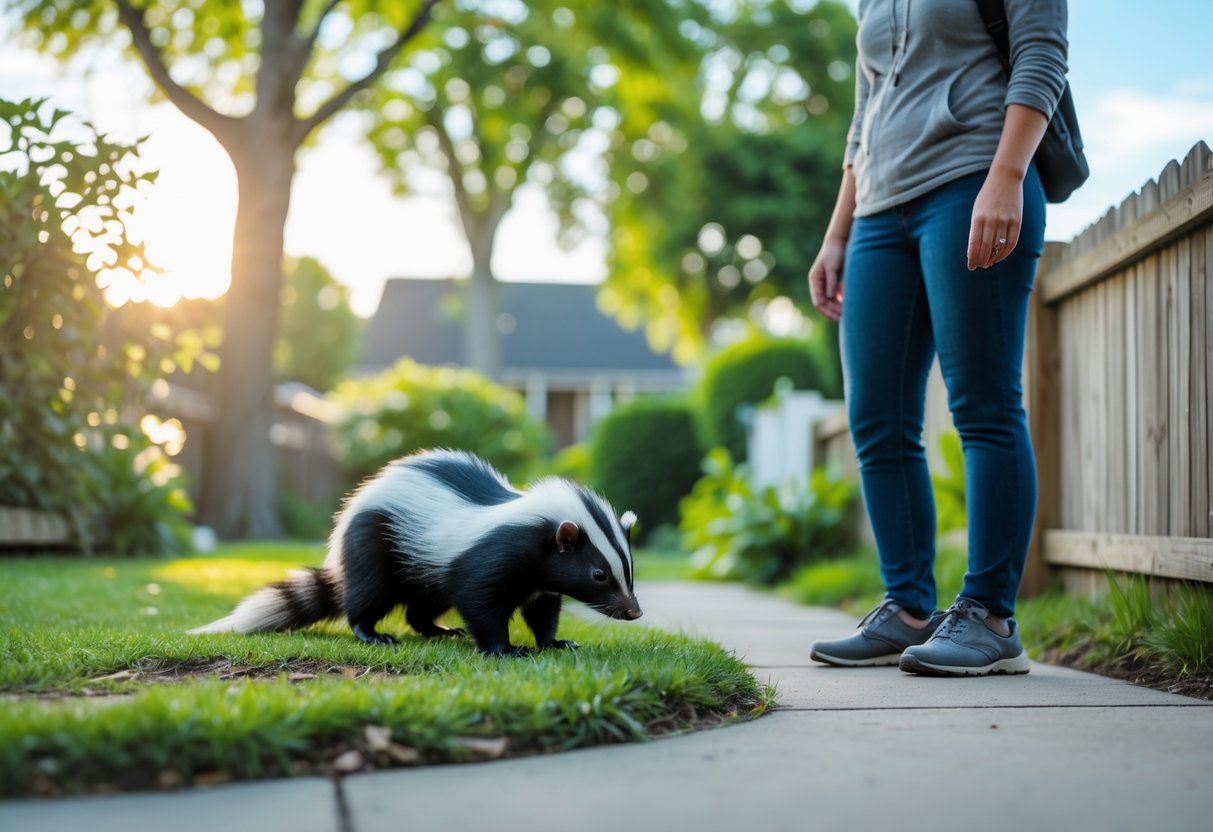 A person observing a skunk from a safe distance in a suburban garden with trees and a wooden fence.