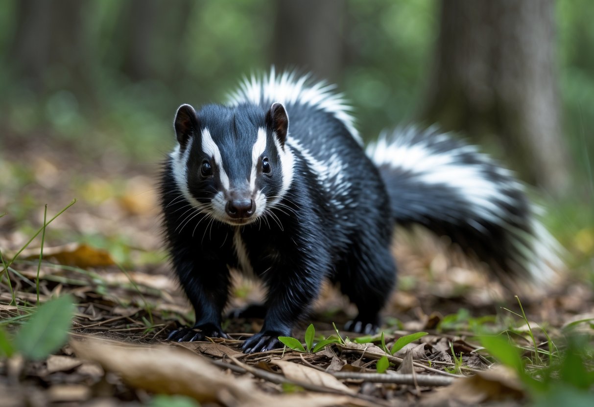 A close-up of a skunk standing on the forest floor with leaves and grass.