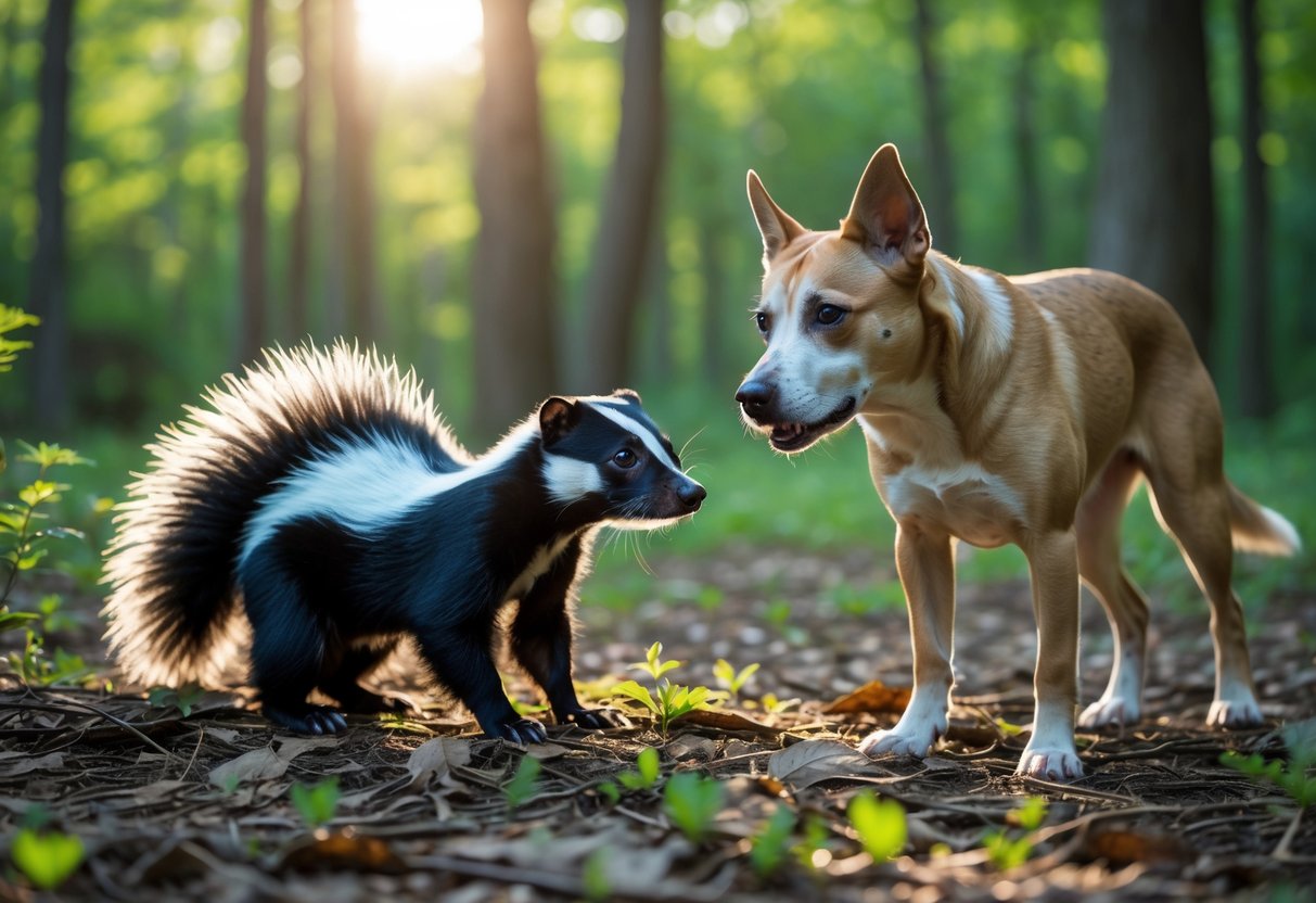A skunk and a dog cautiously observing each other in a forest clearing.