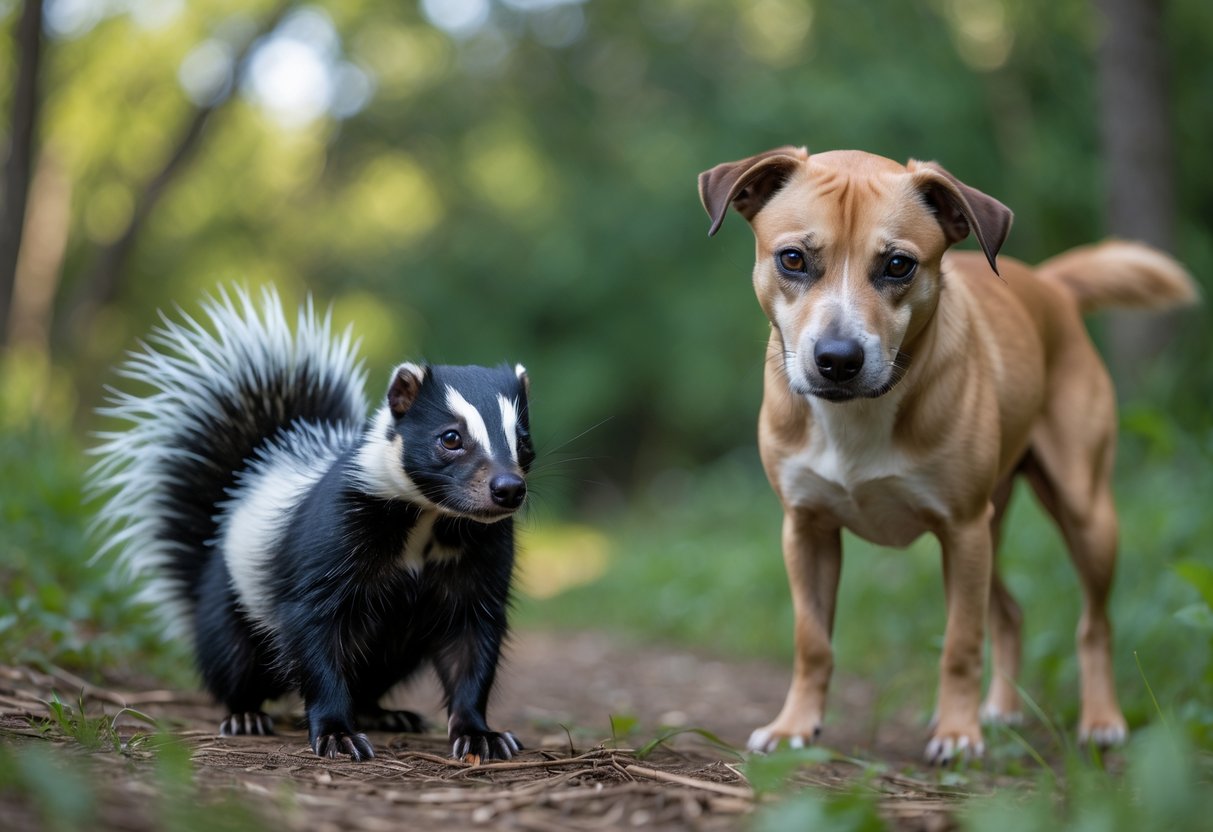 A skunk and a dog facing each other outdoors in a green natural setting.