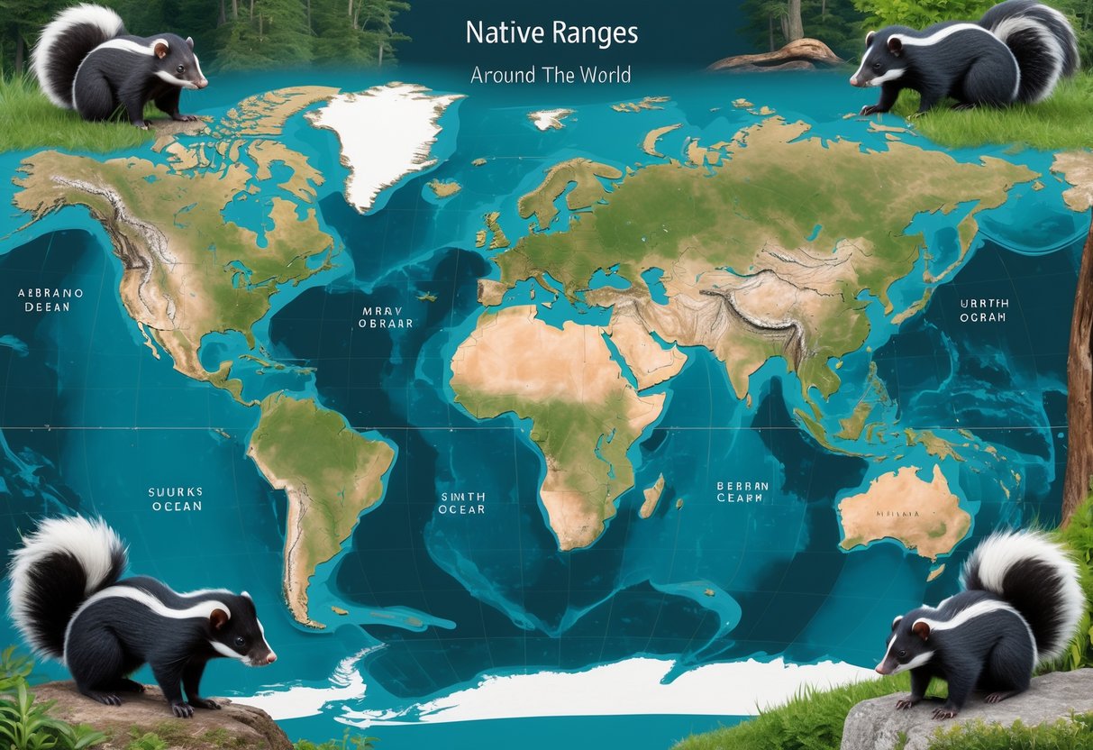 A world map highlighting the native regions of skunks, surrounded by images of skunks in natural habitats.