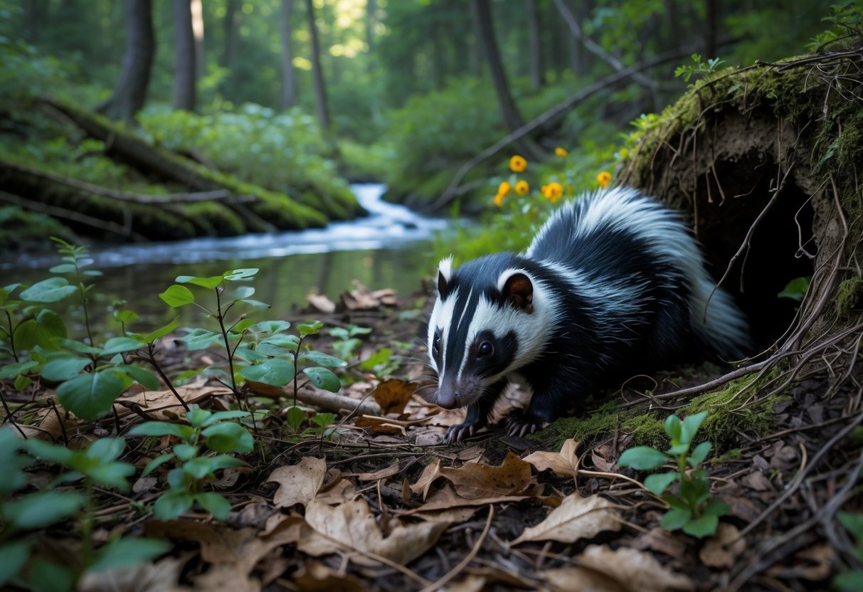 A skunk with black and white fur foraging on the forest floor surrounded by trees, plants, and a small stream.