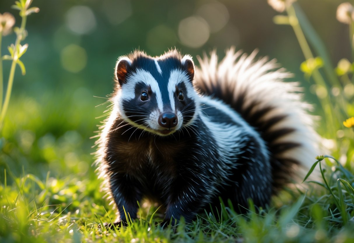 A skunk sitting calmly on grass in a natural outdoor setting with soft sunlight and blurred foliage in the background.