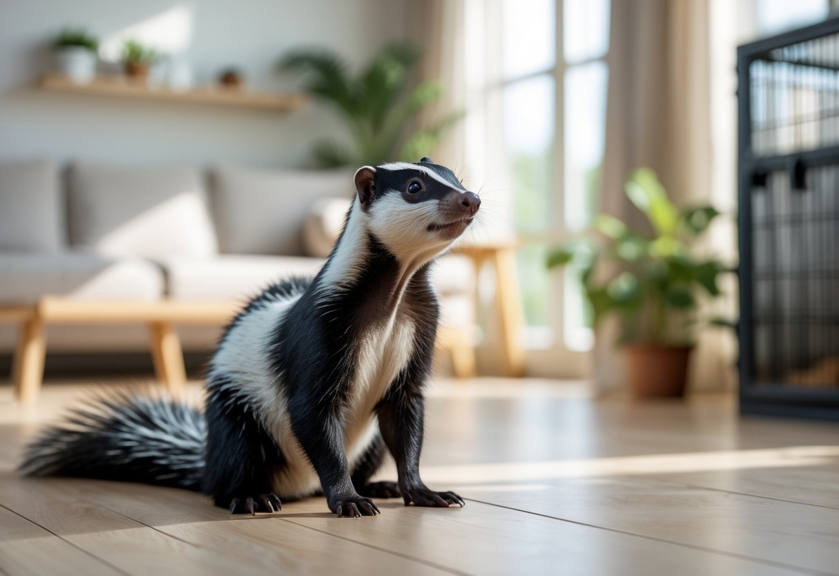 A skunk sitting calmly on a wooden floor in a bright living room with plants and furniture.