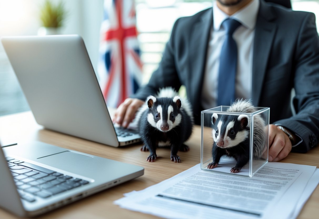 A legal professional at a desk with documents and a small skunk in a transparent enclosure, with a British flag in the background.