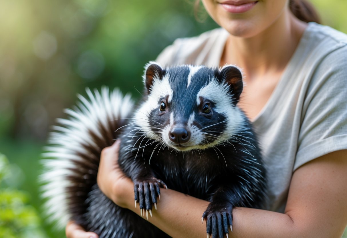 A person gently holding a calm skunk outdoors surrounded by green foliage.