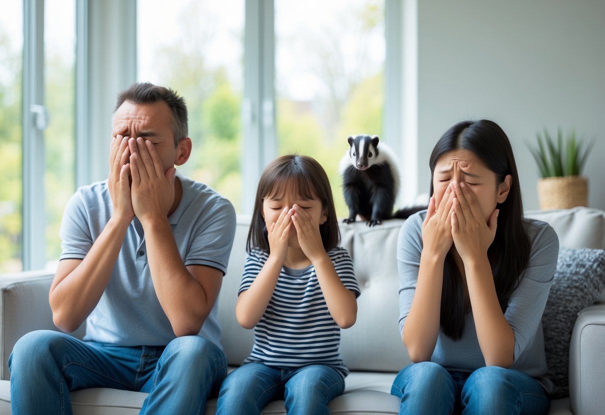 A family in a living room covering their noses with a skunk visible near the entrance, indicating an unpleasant smell inside the house.