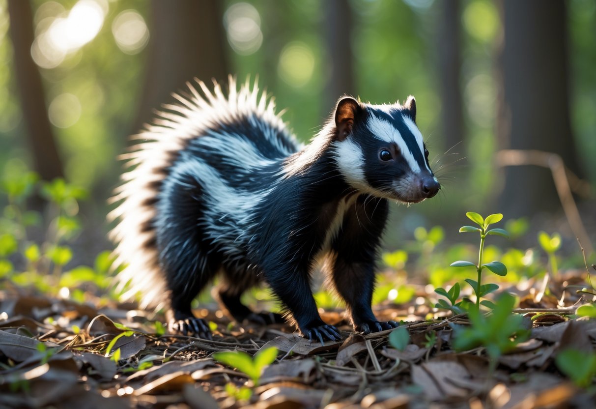 A skunk standing on a forest floor surrounded by leaves and plants.