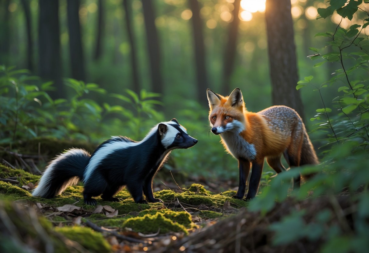 A skunk and a red fox facing each other in a forest at dawn.