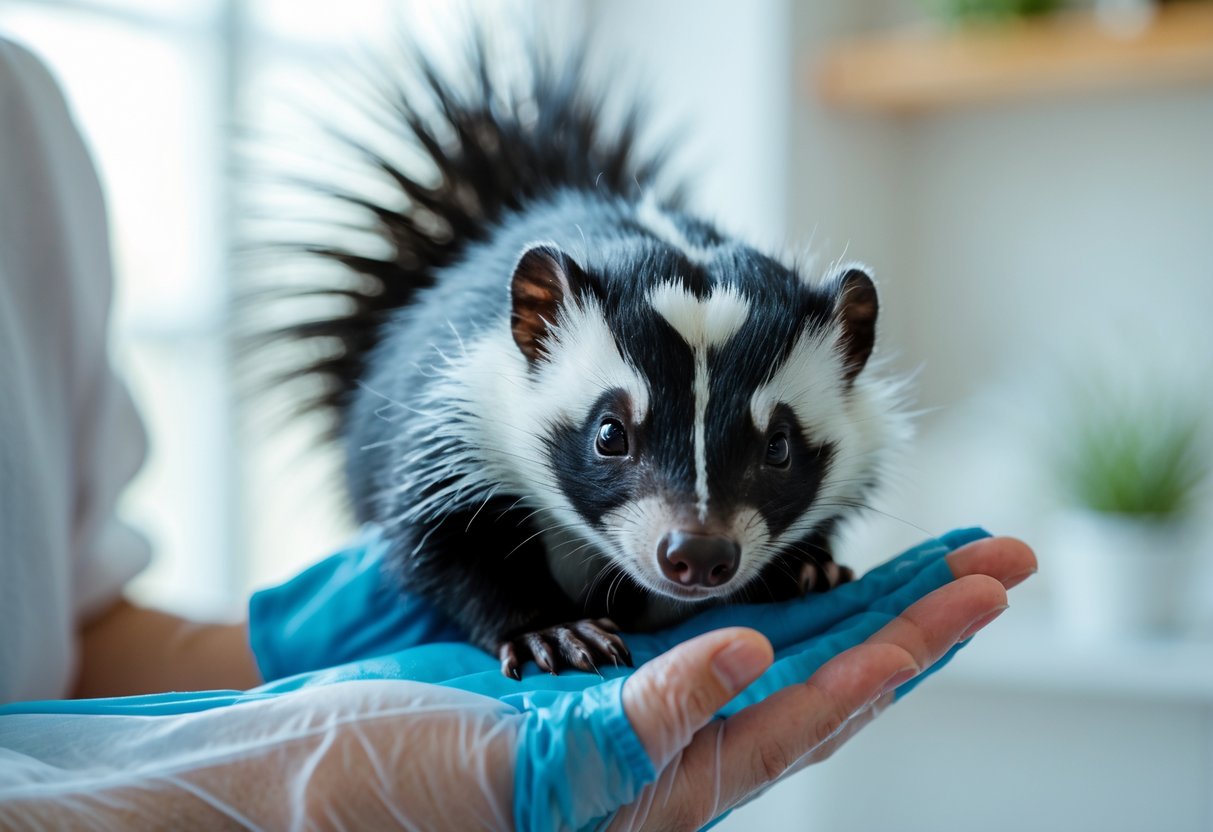 A pet skunk being gently held by a person's gloved hand indoors.