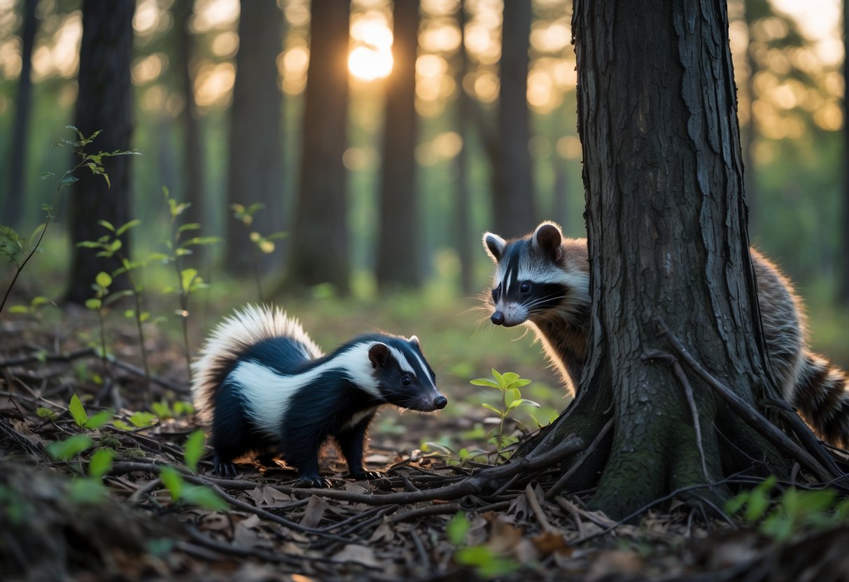 A skunk cautiously emerging from bushes with a raccoon watching from behind a tree in a forest at dawn.