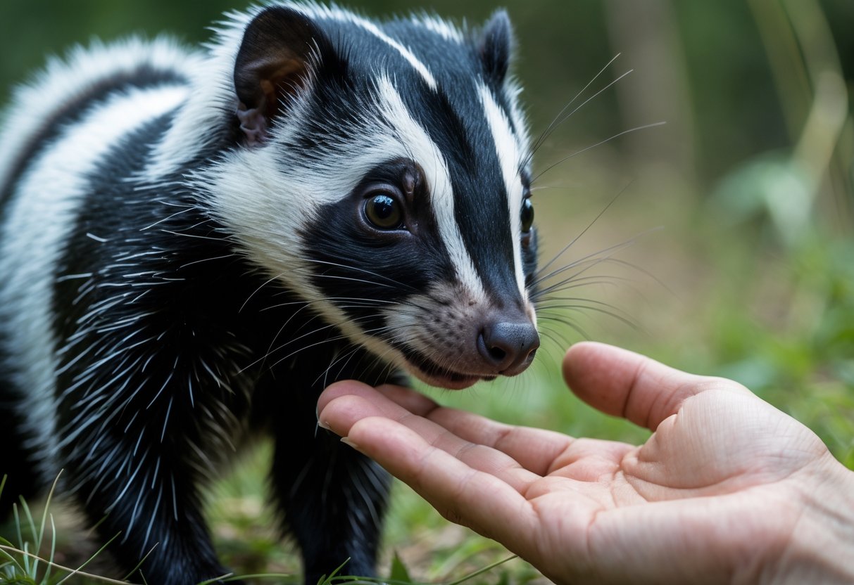 A skunk cautiously sniffing a person's outstretched hand in an outdoor setting.