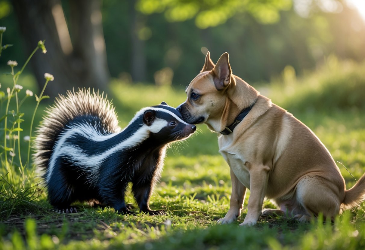 A skunk and a dog gently sniff each other outdoors on grass surrounded by trees.