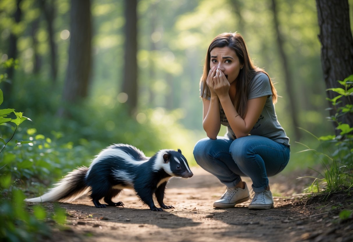 A woman outdoors holding her nose near a skunk walking on a forest path.