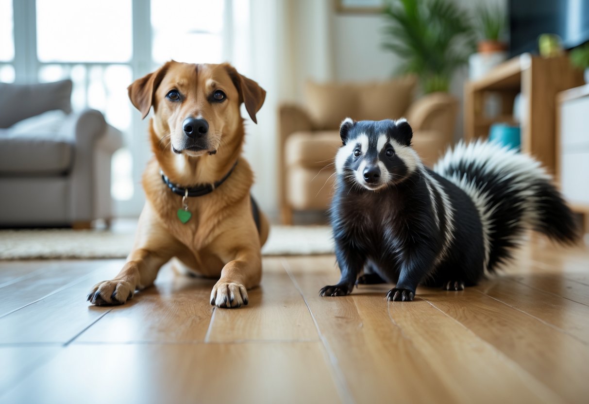 A dog and a skunk sitting calmly together inside a cozy living room.