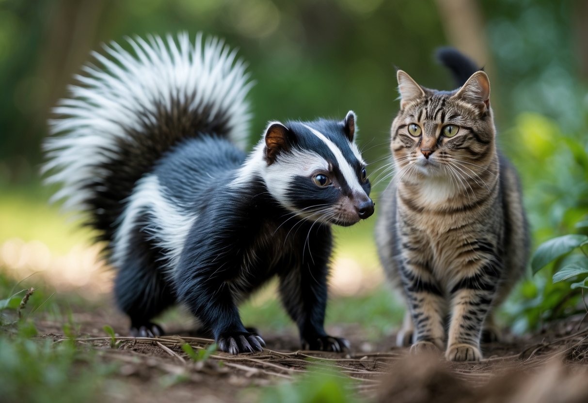 A skunk cautiously approaches a calm cat outdoors in a green natural setting.