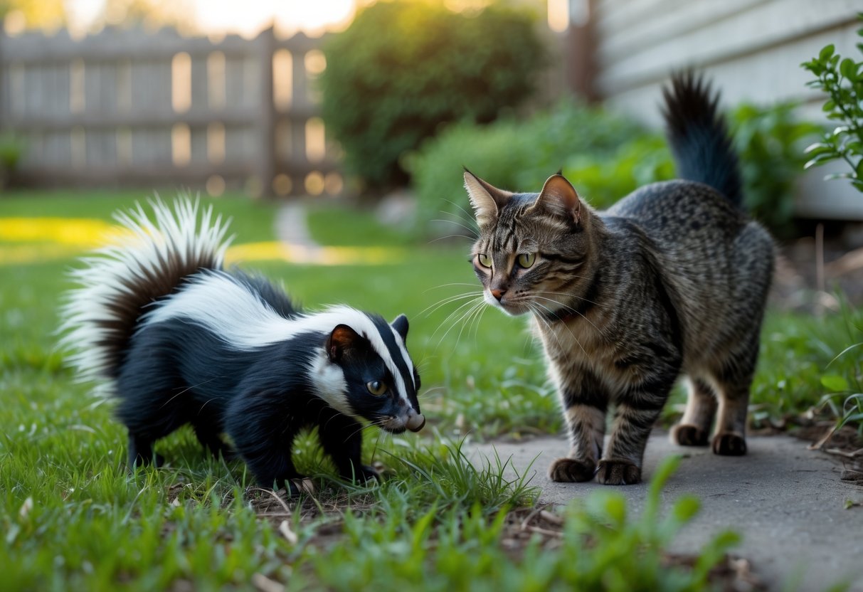A cat cautiously observes a nearby skunk in a backyard with grass and a wooden fence.