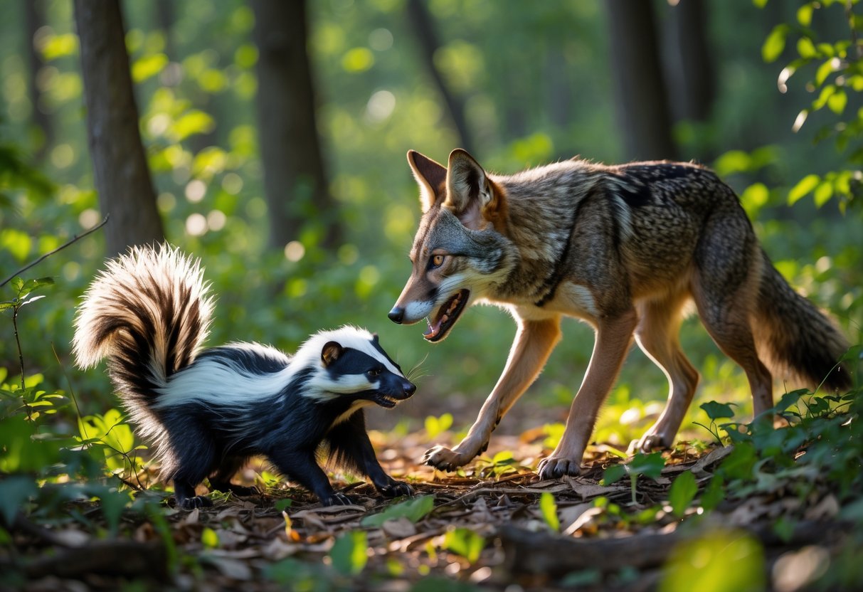A predator animal cautiously approaches a defensive skunk in a forest setting.