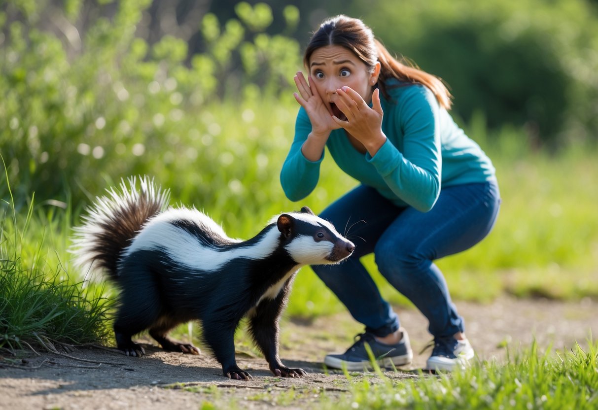 A person outdoors reacting with shock and holding their nose while a skunk nearby has its tail raised.