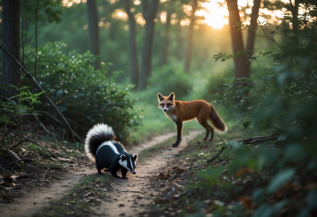 A skunk walking on a forest path while a fox watches from behind bushes nearby.