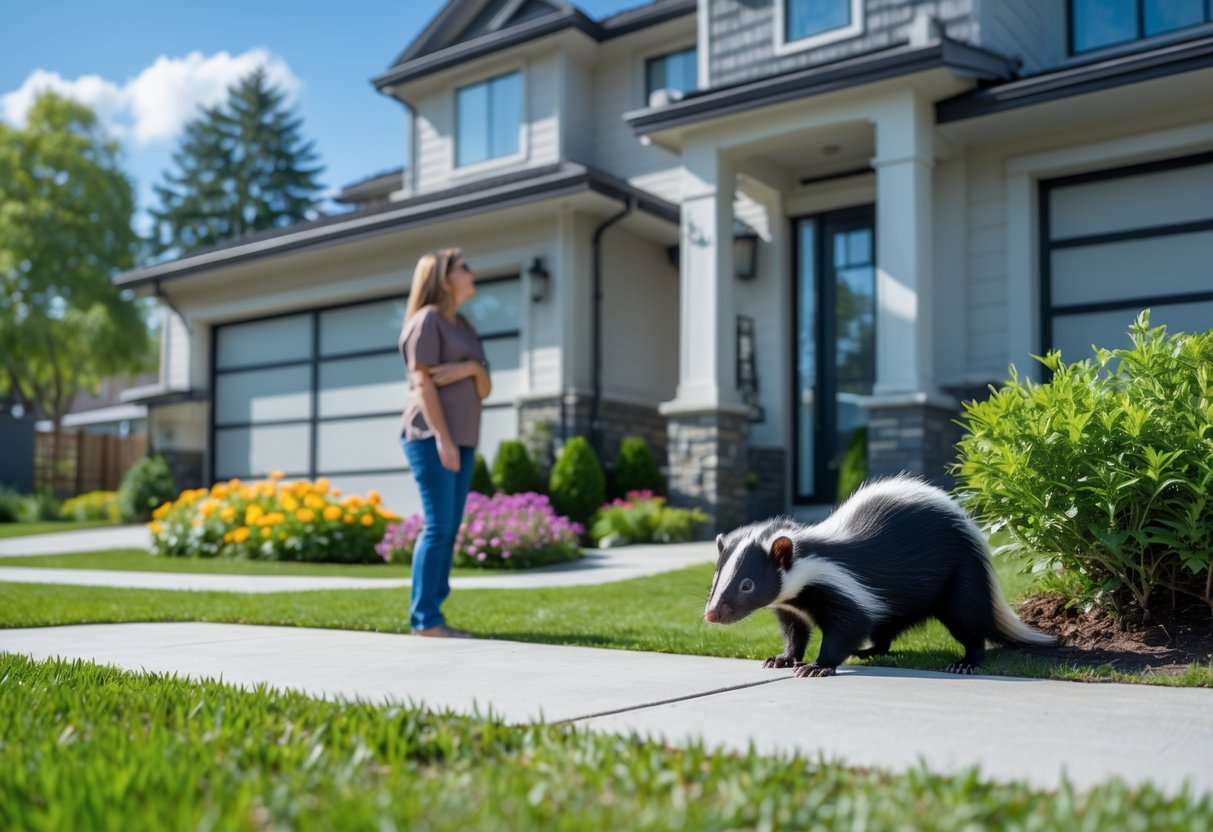 A person standing outside a house looking concerned while a skunk peeks out from behind a bush nearby.
