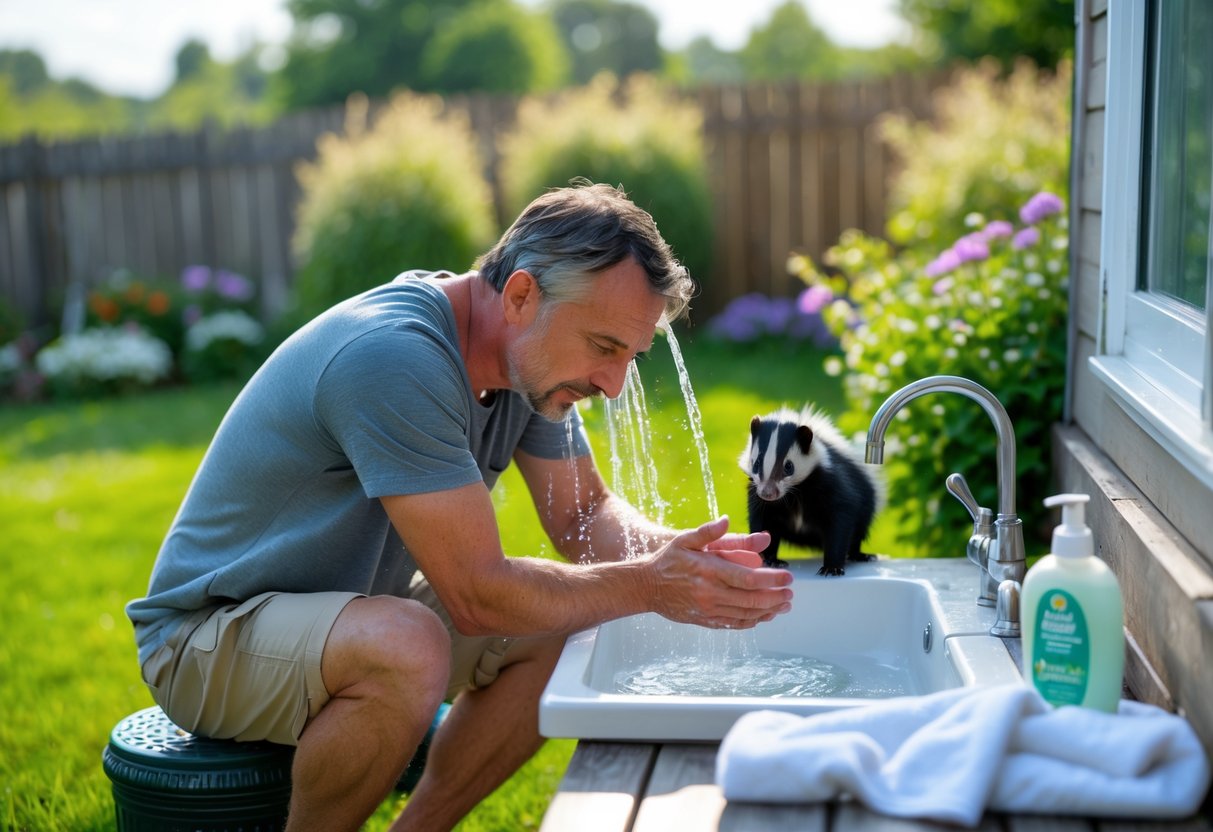 A man washing his face and hands with water from a hose in a backyard after being sprayed by a skunk nearby.