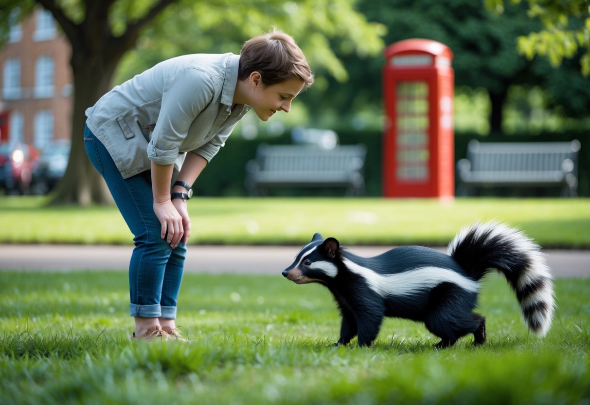 A British person standing in a park looking at a small black and white striped animal approaching them.