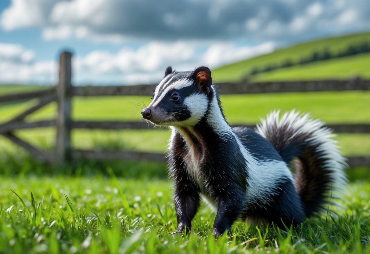 A skunk standing on green grass in a British countryside setting with a wooden fence and rolling hills in the background.