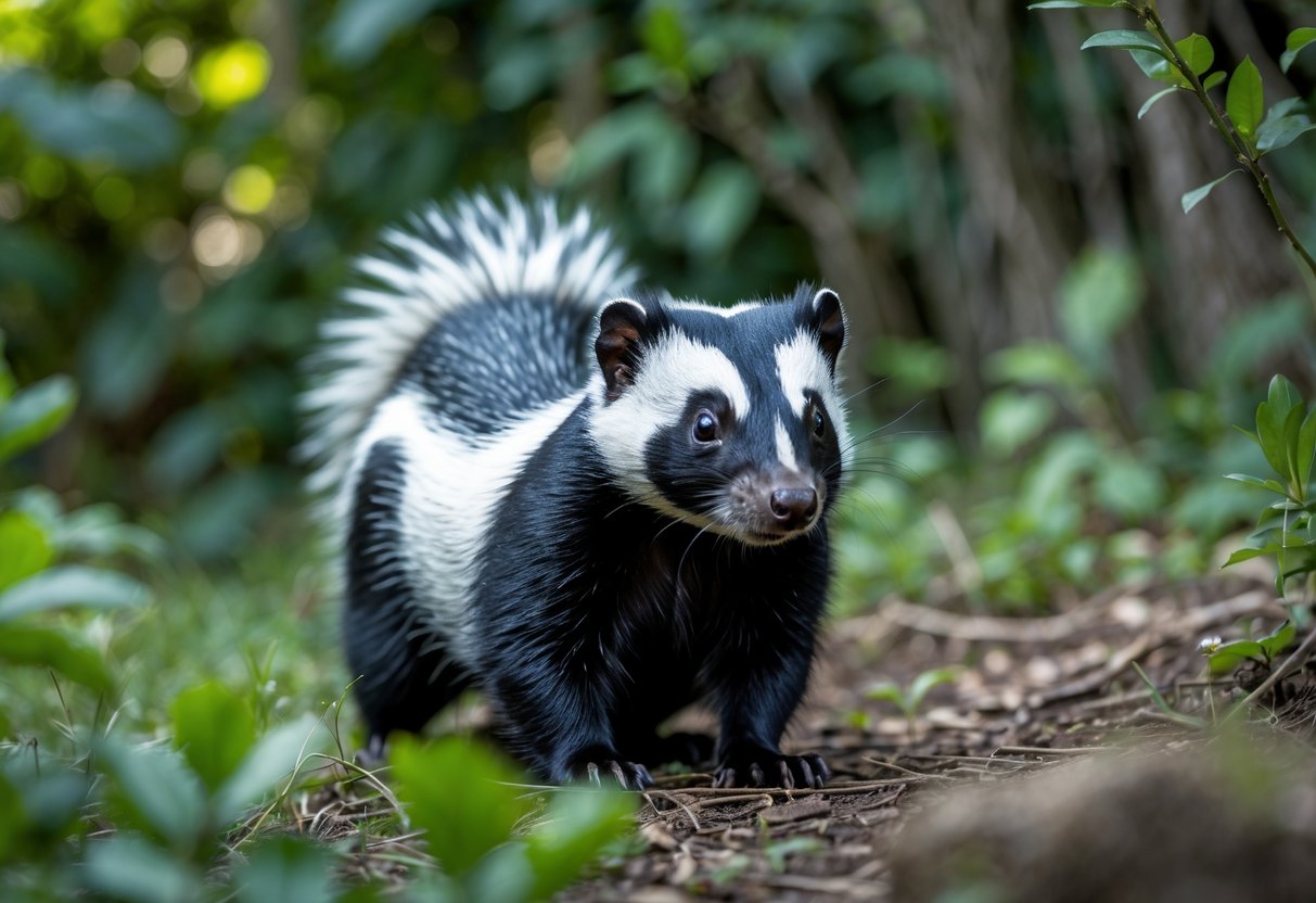 A close-up image of a skunk outdoors surrounded by green plants.