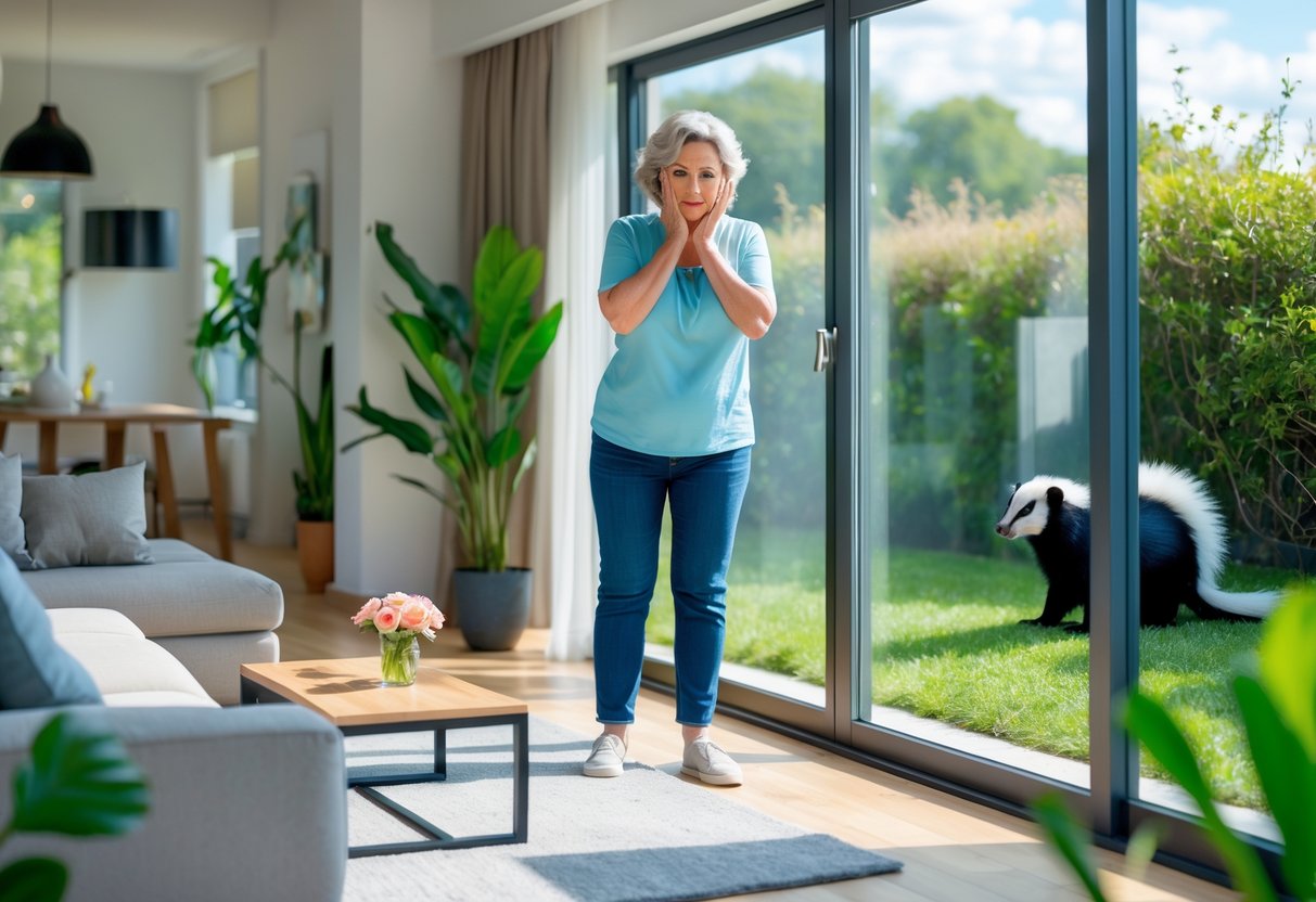 A woman inside a living room smelling the air with a concerned expression while a skunk is visible outside near bushes.