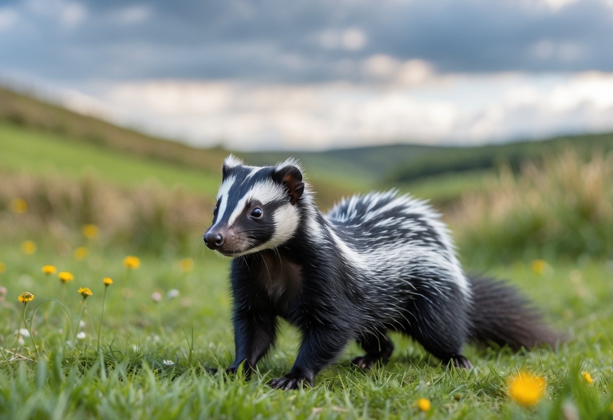 A skunk standing on grass in a countryside setting with hills and wildflowers in the background.