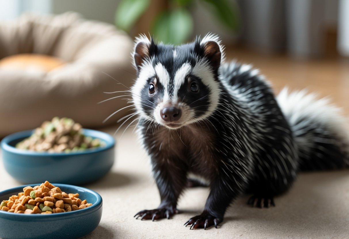 A pet skunk sitting calmly on a soft surface with a water bowl and pet bed nearby.
