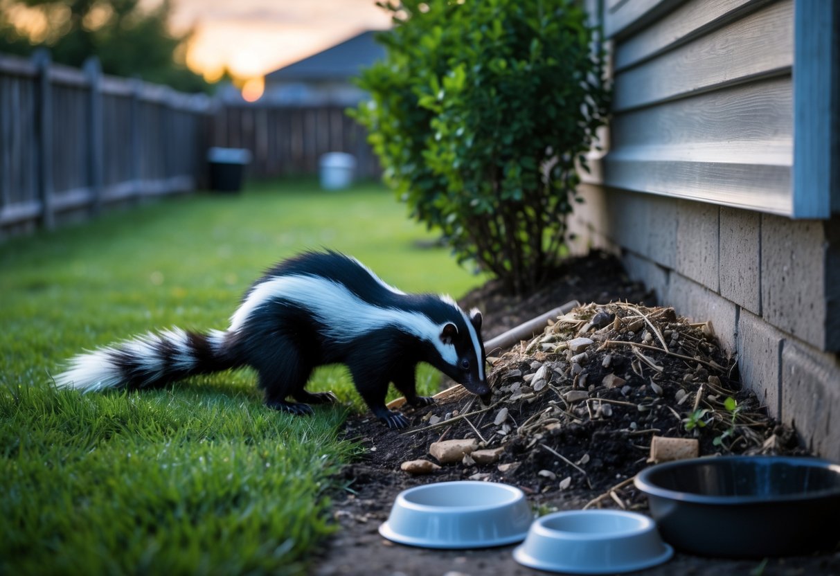 A skunk near the foundation of a house sniffing around a compost pile and pet food bowls in a backyard.