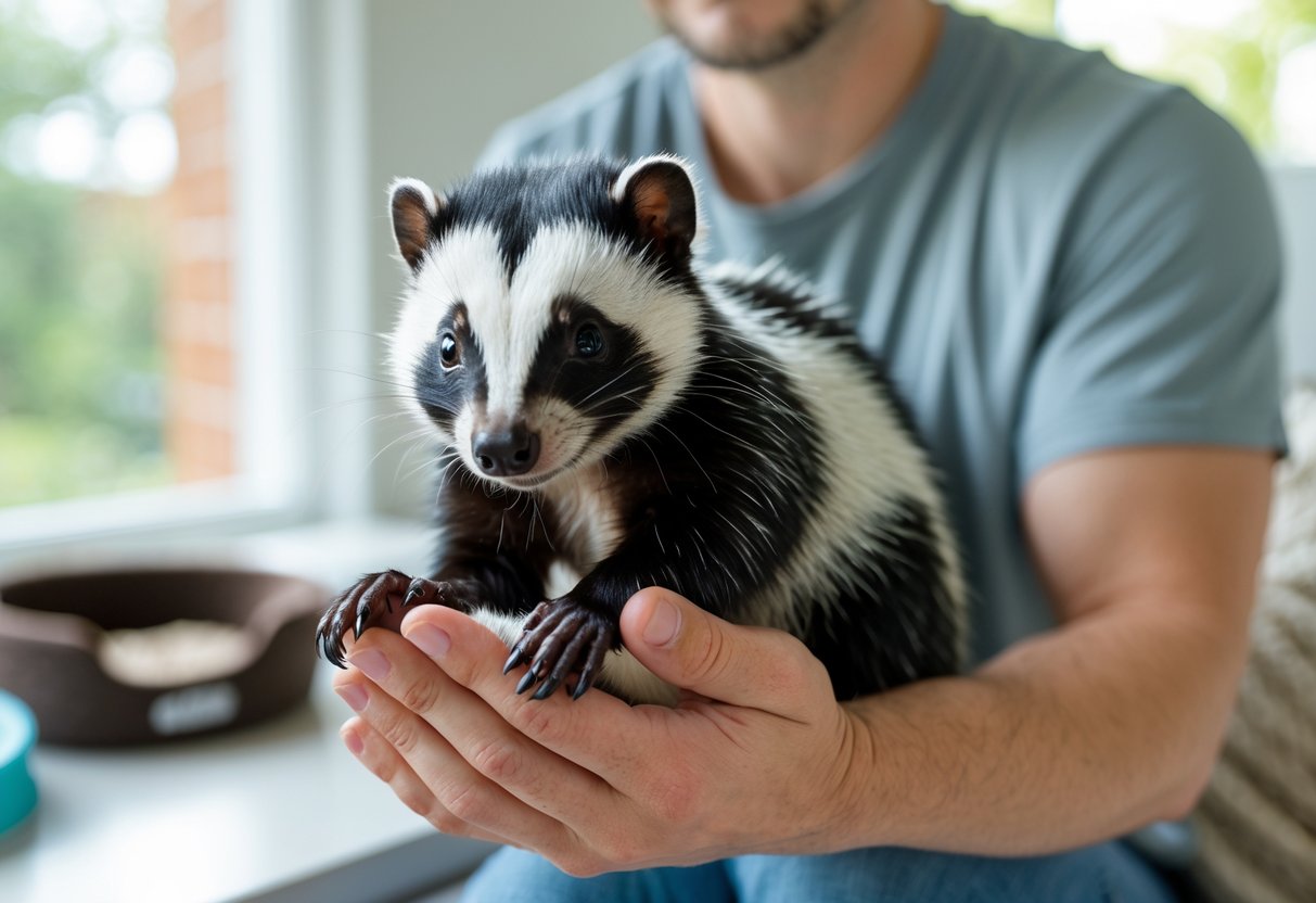 A person gently holding a calm pet skunk indoors, showing care and affection.