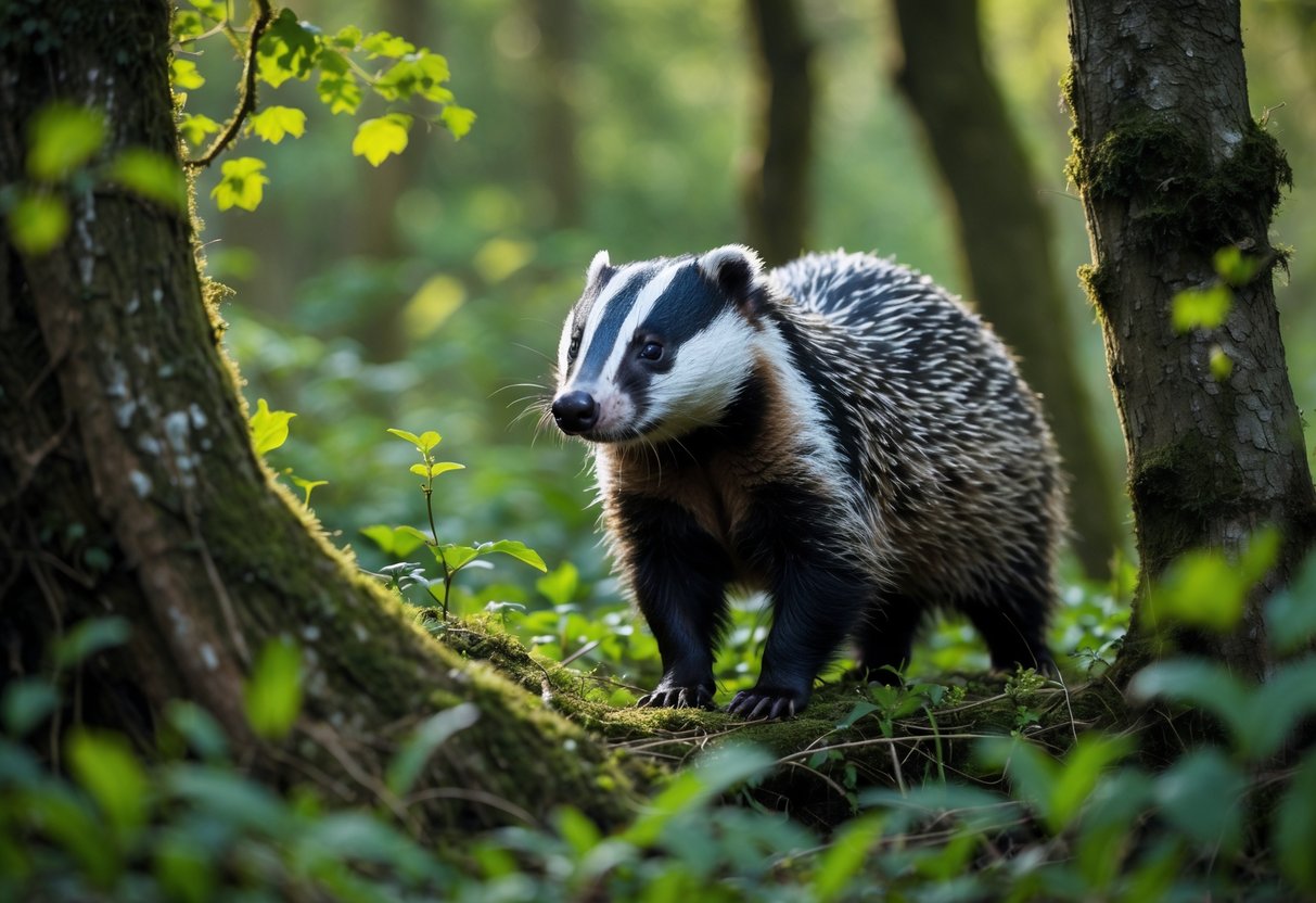A European badger standing in a green woodland with trees and foliage around it.