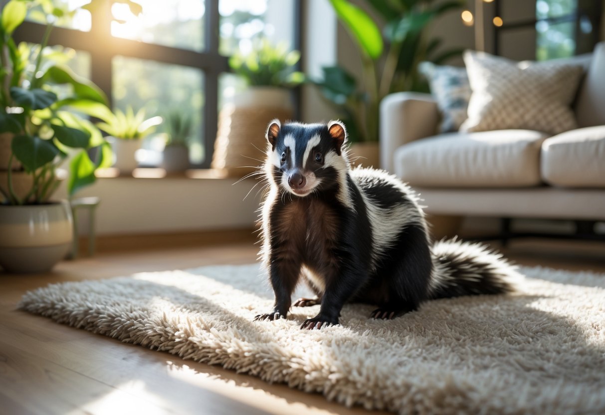 A skunk sitting calmly on a rug in a bright living room with a sofa and houseplants nearby.
