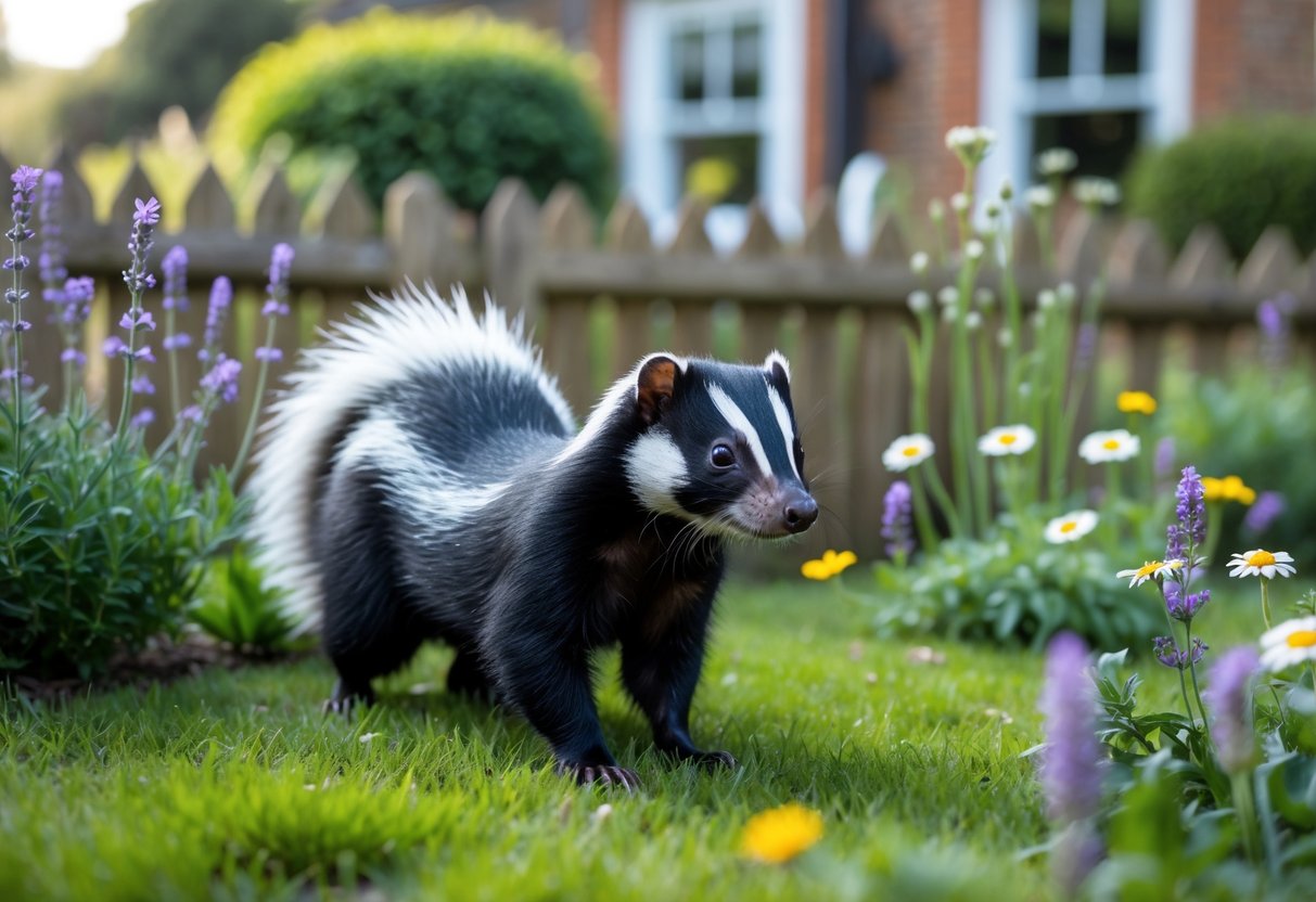 A skunk standing on grass in a garden with plants and a wooden fence in the background.