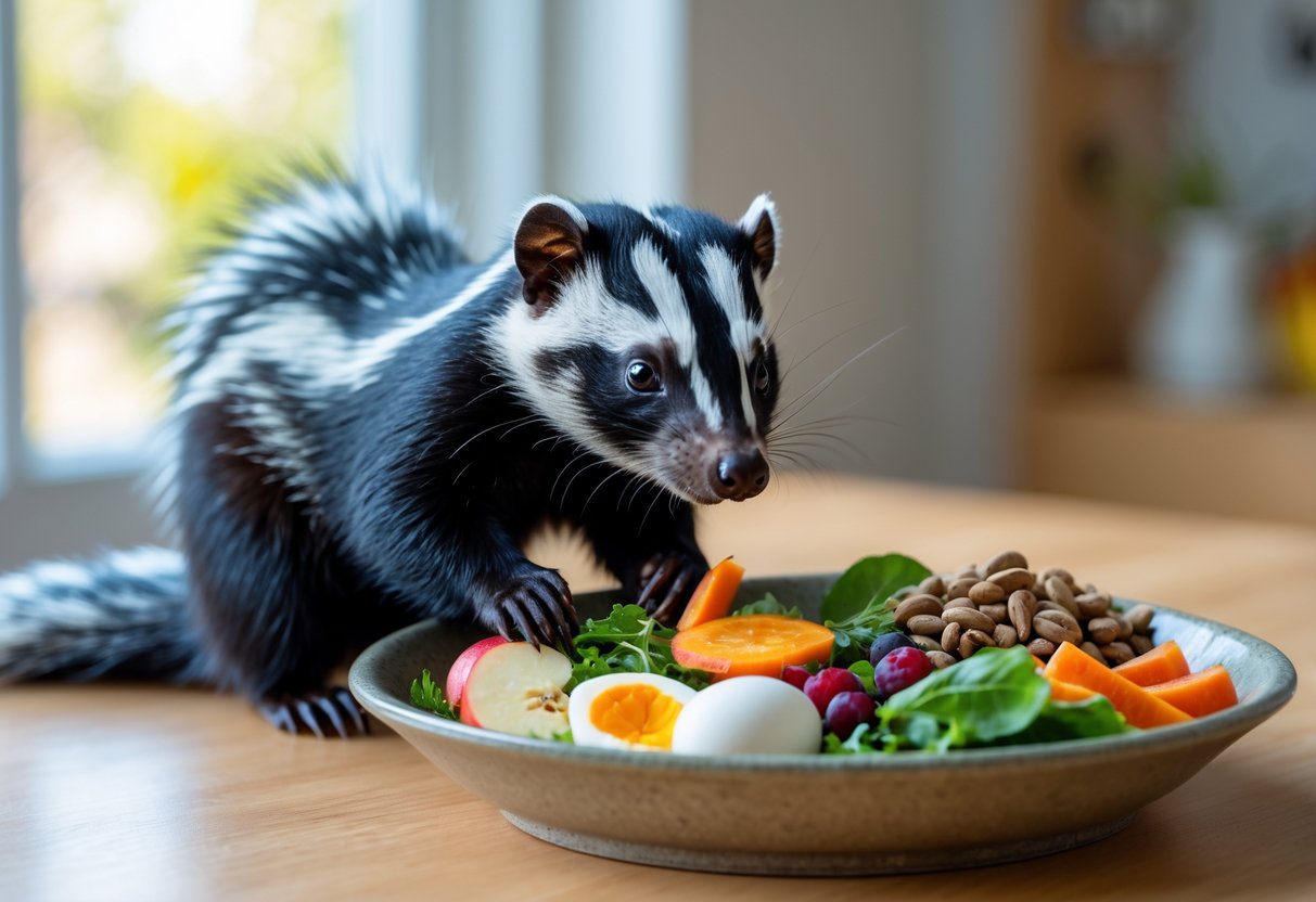 A pet skunk eating fresh fruits, vegetables, and protein from a bowl on a wooden table indoors.