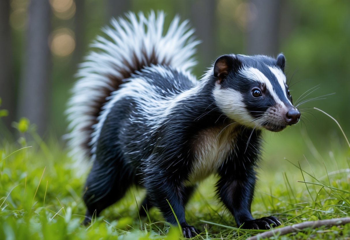 A close-up of a skunk standing on grass with a forest background.