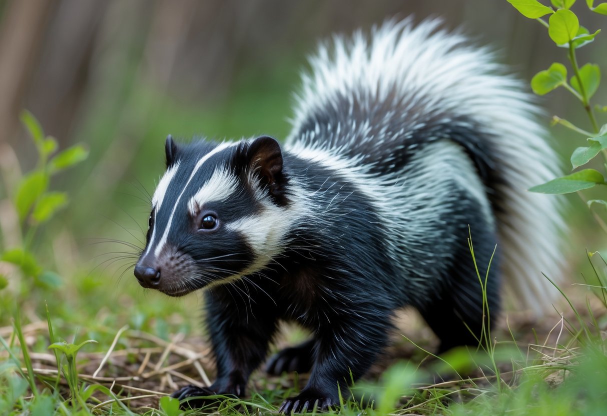 Close-up of a skunk standing on grass in a natural outdoor environment.