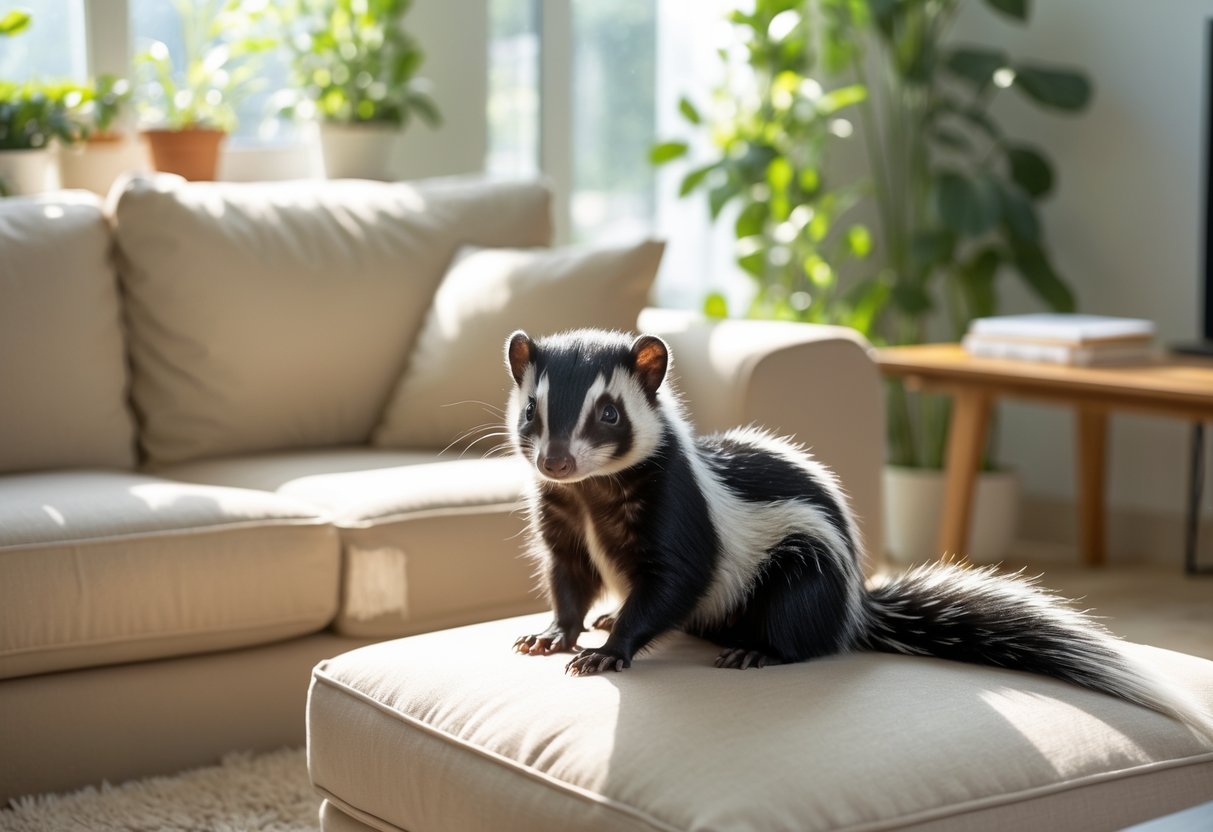 A skunk sitting calmly on a couch in a cozy living room with sunlight and home decor.