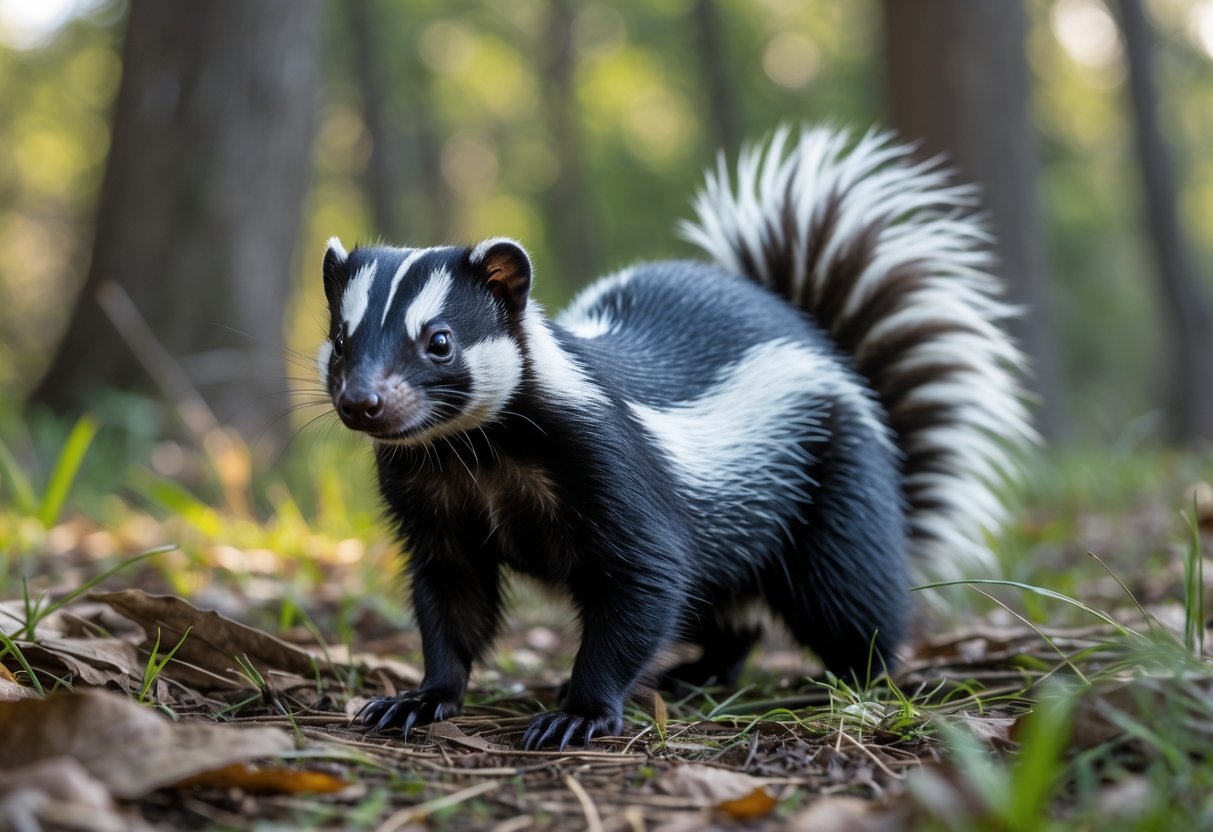 Close-up of a skunk standing on a forest floor with its tail slightly raised, surrounded by leaves and grass.