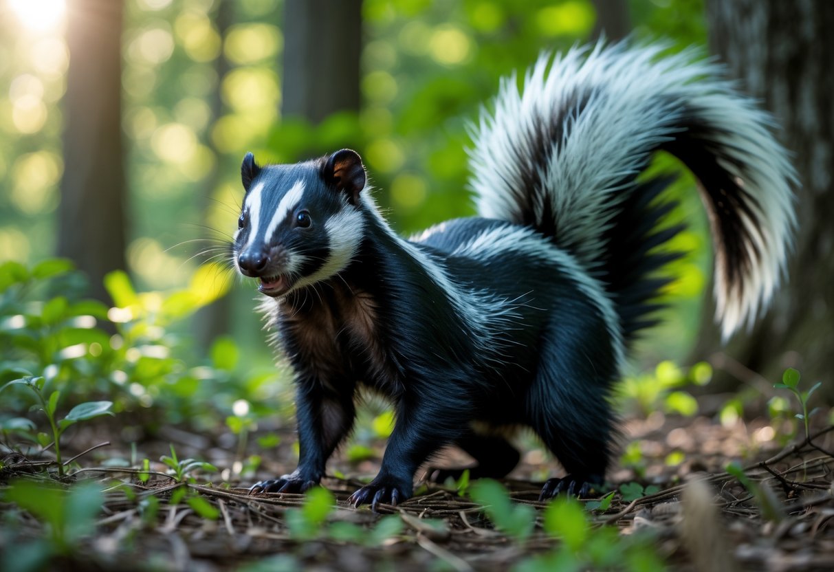 An angry skunk with raised tail and puffed fur standing on a forest floor surrounded by green plants.