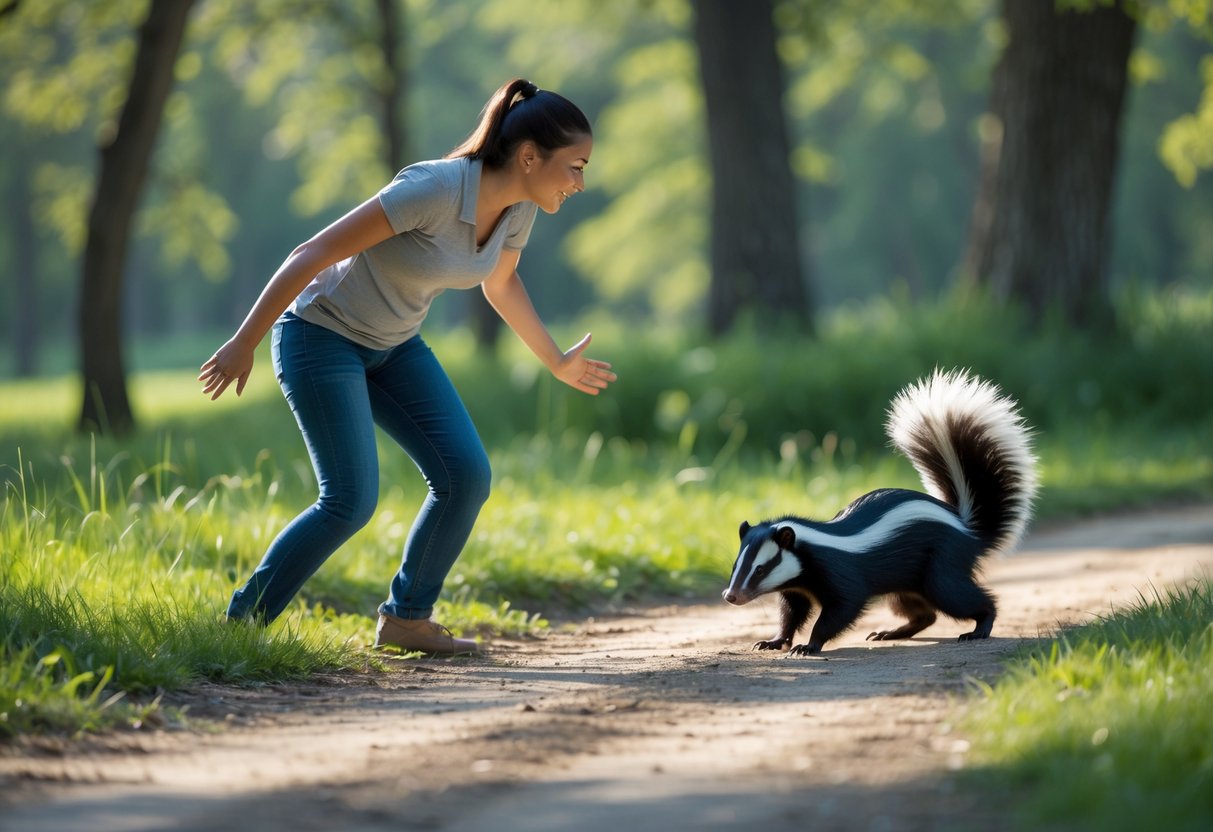 A person standing calmly on a dirt path as a skunk approaches in a green park.